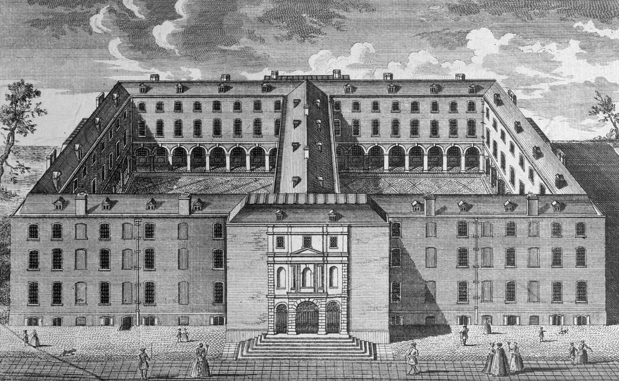 Visão panorâmica do Guys Hospital, Southwark, com figuras em primeiro plano, c.1780 de English School