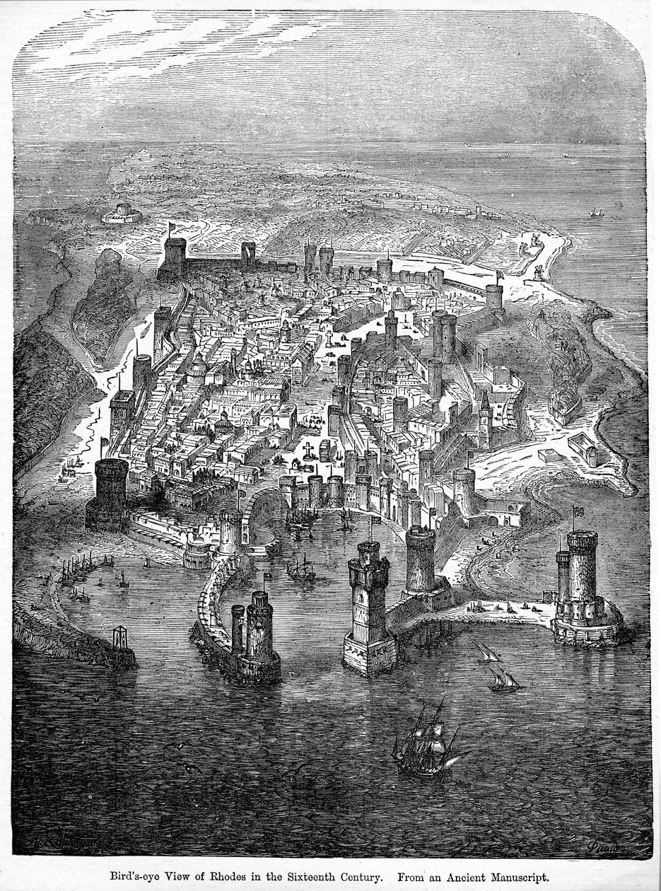 Visão panorâmica de Rodes no século XVI, de um manuscrito antigo, de "História Ilustrada de Cassell na Inglaterra" vol. 2, publicado em 1873 de English School