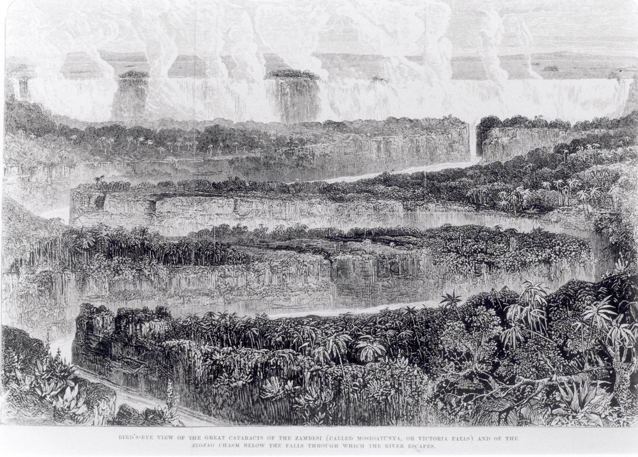Visão panorâmica das Grandes Cataratas do Zambeze (Cataratas Vitória) da Narrativa de uma Exposição ao Zambeze e seus afluentes, publicada em 1865 de English School