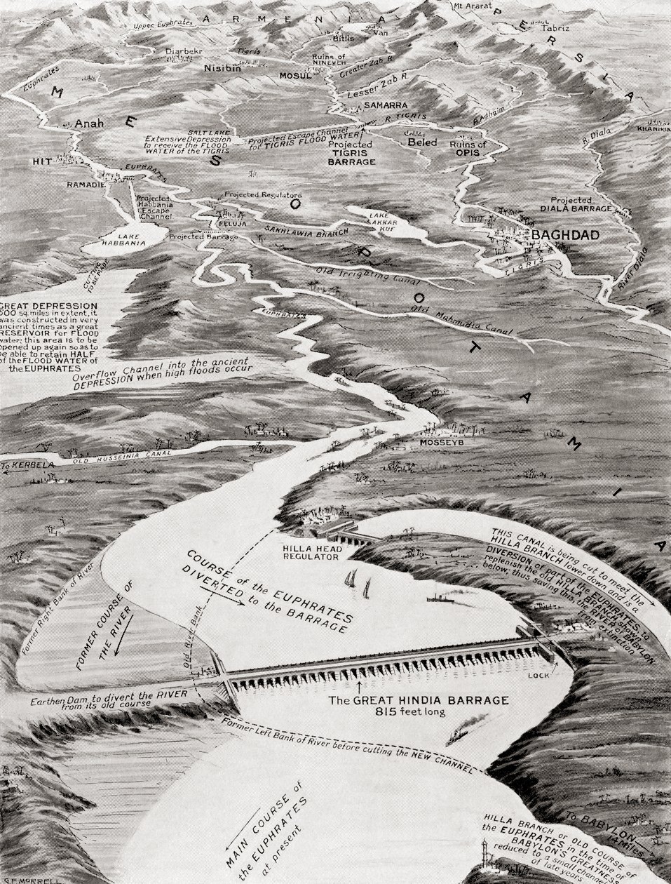 Vista aérea da Mesopotâmia mostrando o esquema de irrigação proposto por William Willcock, de Hutchinson