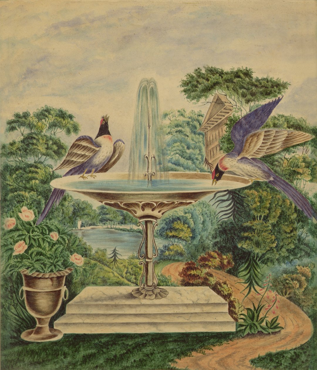 Pássaros em uma fonte em um parque paisagístico, c.1840 (wc no papel) de English School
