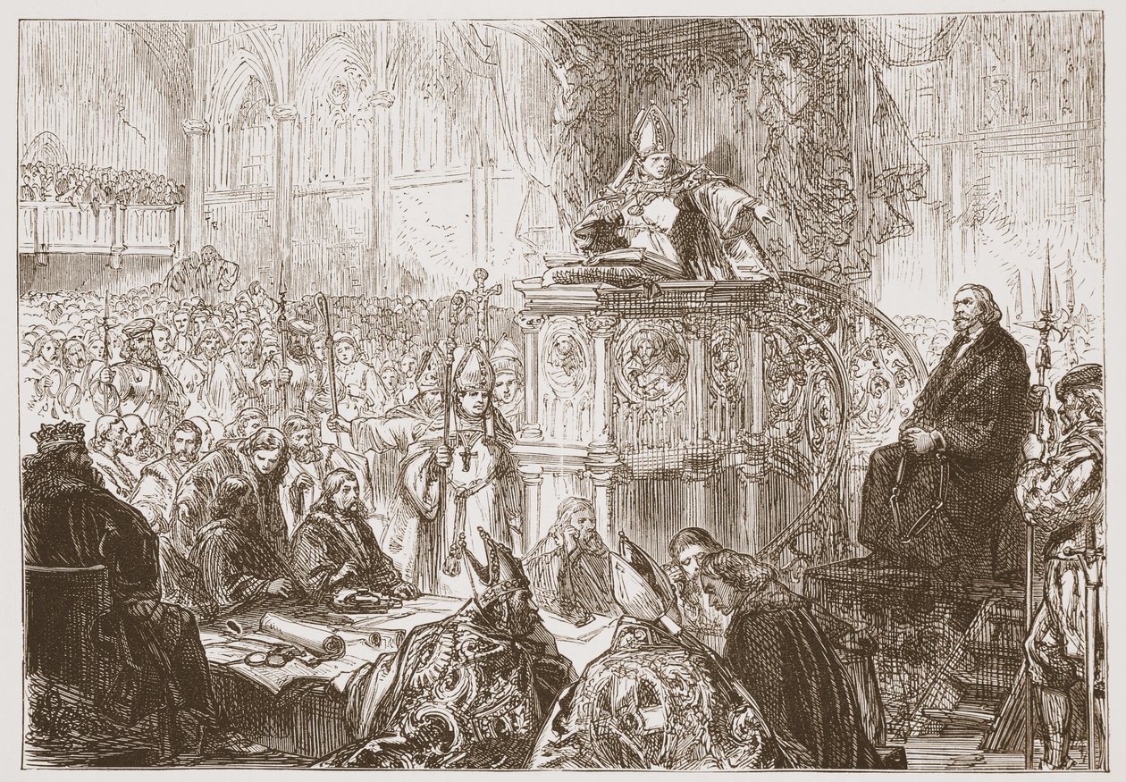 Bispo de Lodi pregando no julgamento de Huss, ilustração da História do Protestantismo por James Aitken Wylie (1808-1890), pub. 1878 de English School