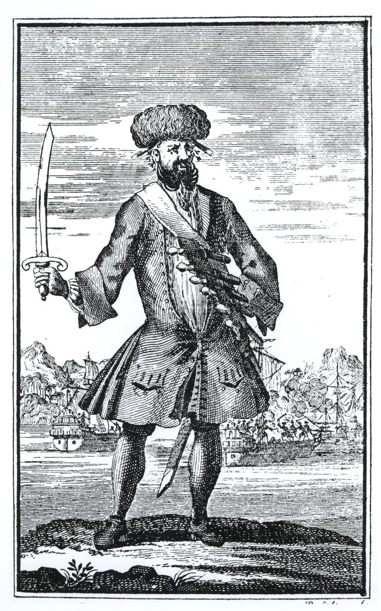 Barba Negra, o Pirata, de Uma História Geral dos Roubos e Assassinatos dos Piratas mais notórios do Capitão Charles Johnson, publicado em 1724 de English School