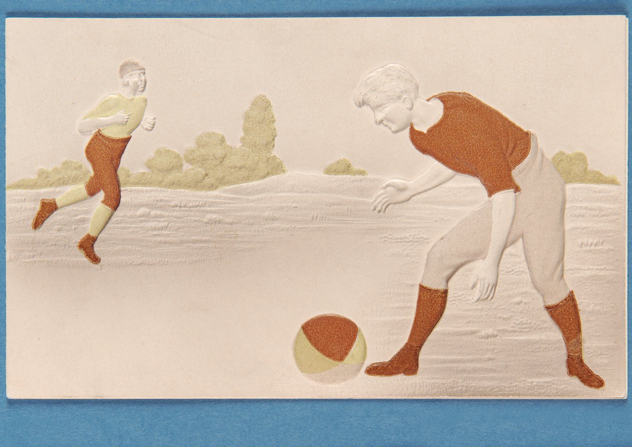 Cartão em branco em relevo representando dois jogadores de futebol, c.1880 de English School