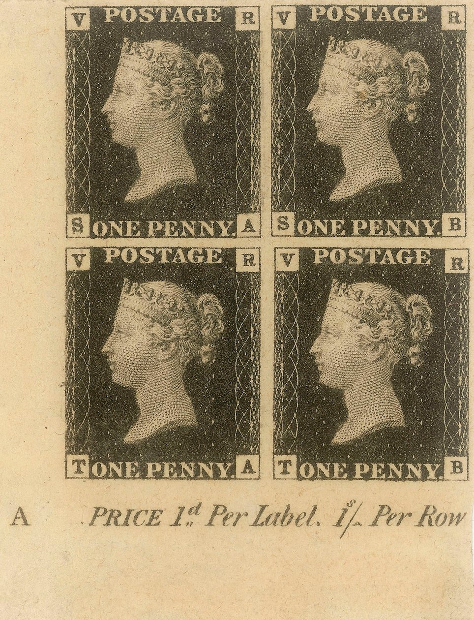 Bloco de selos Penny Black, c.1840 (selos postais) de English School