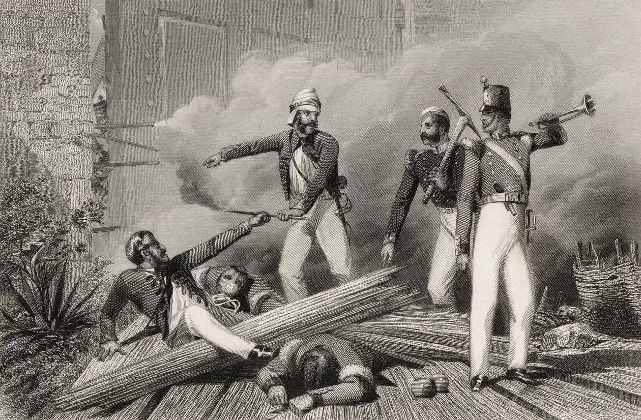 Explosão do Portão de Cashmere em Nova Deli, de "A História do Motim Indiano", publicado em 1858 de English School
