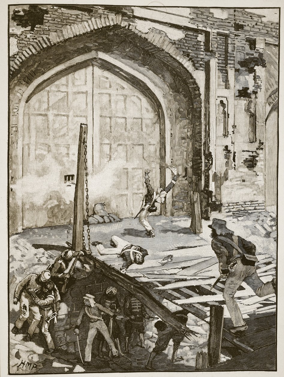 Explodindo o portão de Cashmere em Nova Deli, ilustração da história ilustrada de Cassells da Inglaterra (foto sépia) de English School