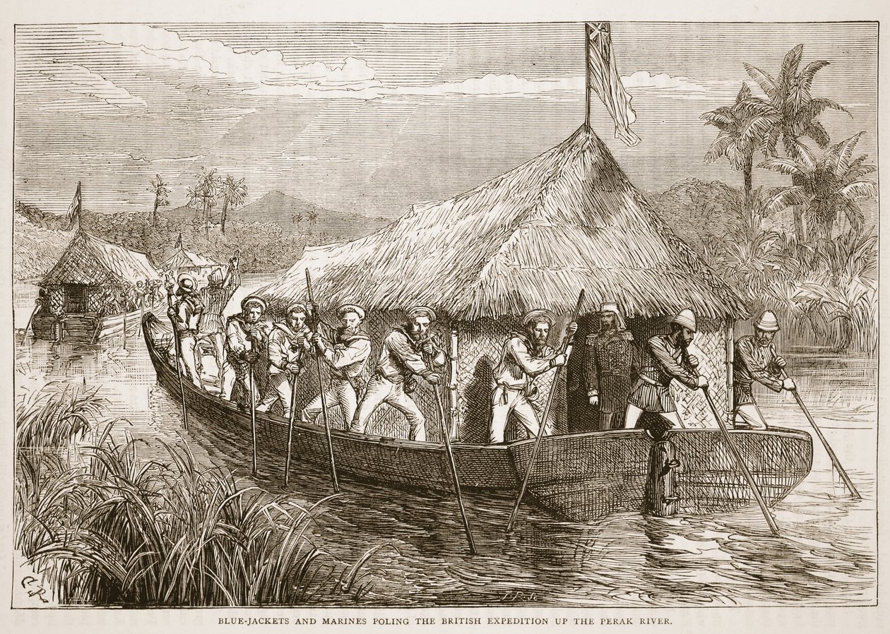 Blue-Jackets e Marines Poling a expedição britânica até o rio Perak, ilustração da história ilustrada de Cassells da Inglaterra de English School