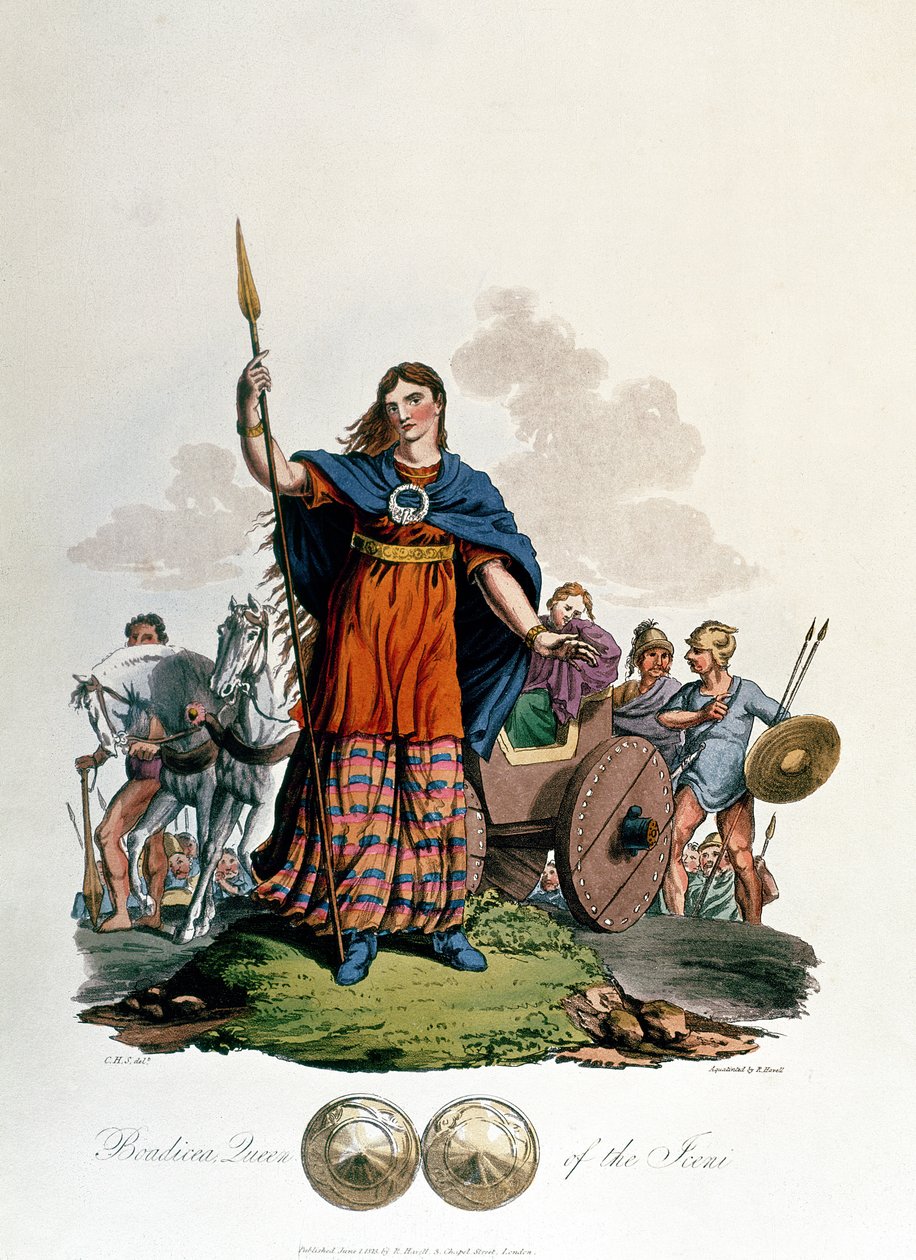Boadicea, Rainha do Iceni, desenhado por CHS, gravado por Richard Havell, o Velho, publicado em 1815 (aquatint) de English School