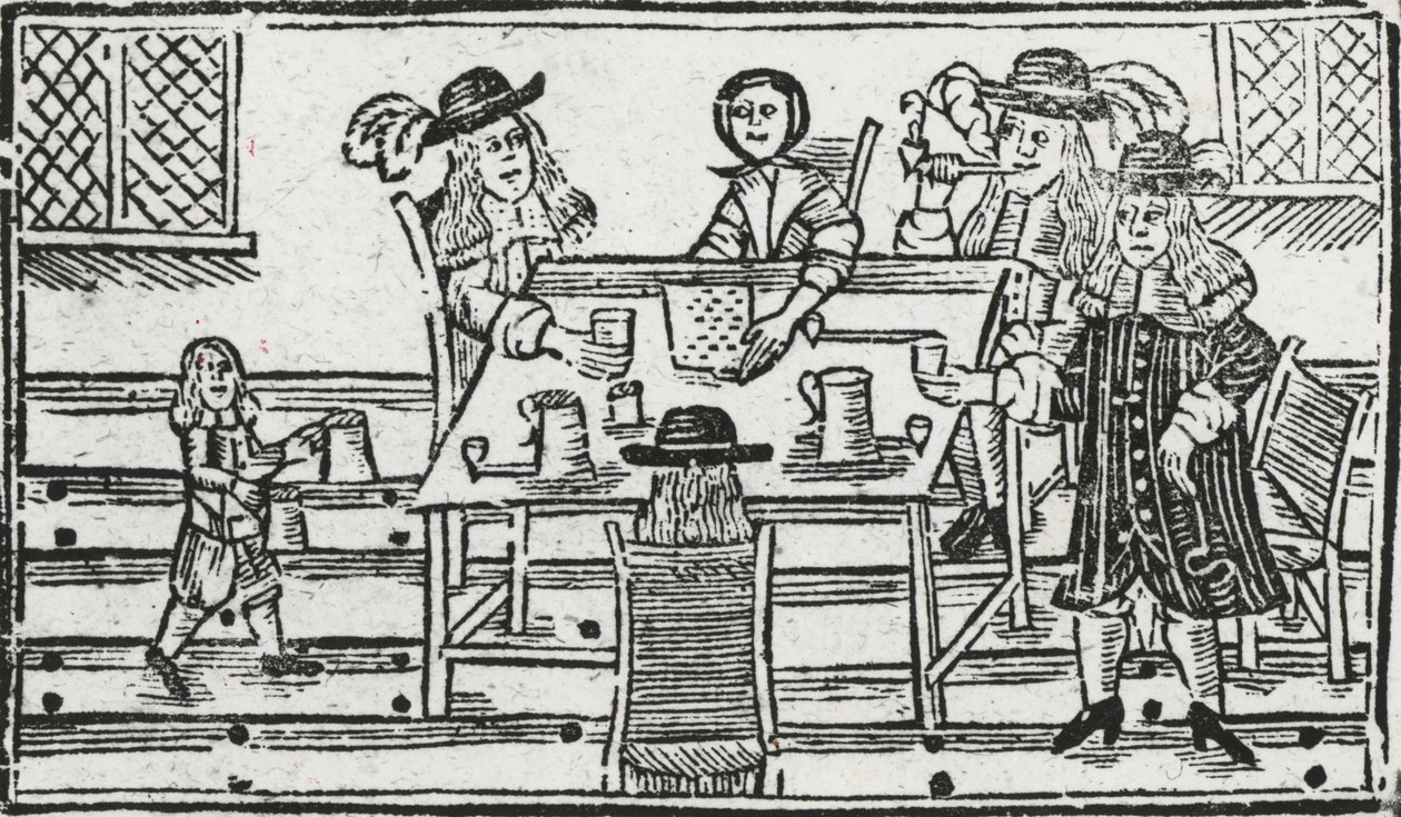 Jogo de tabuleiro e beber na taverna (xilogravura) de English School