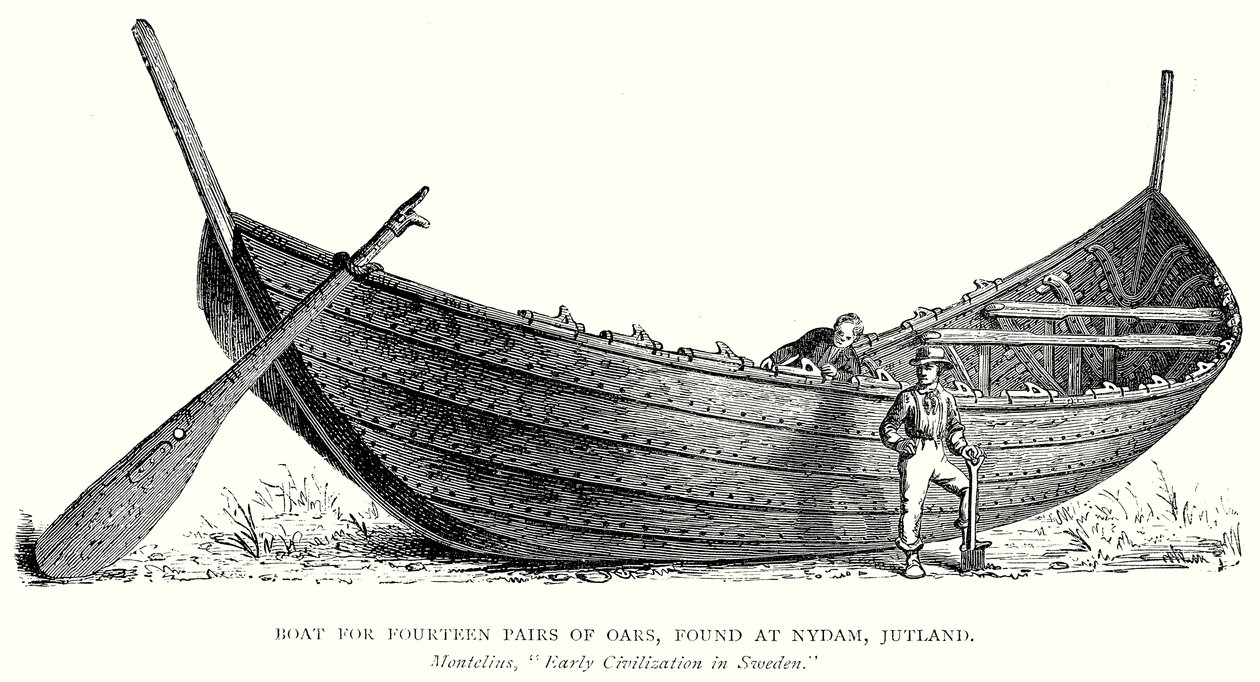 Barco para catorze pares de remos, encontrado em Nydam, Jutlândia (gravura) de English School