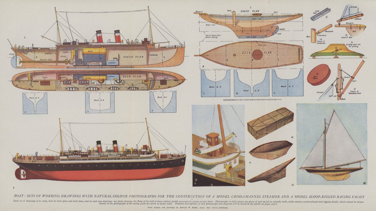 Barco, conjuntos de desenhos de trabalho com fotografias a cores naturais para a construção de um modelo de barco a vapor de travessia do canal e de um modelo de iate de regata com asas (litografia a cores) de English School
