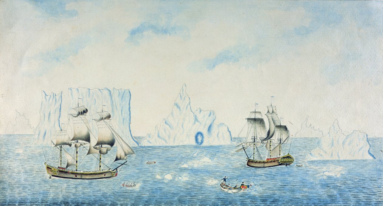 Barcos que coletam o gelo, c.1773 (wc no papel) de English School