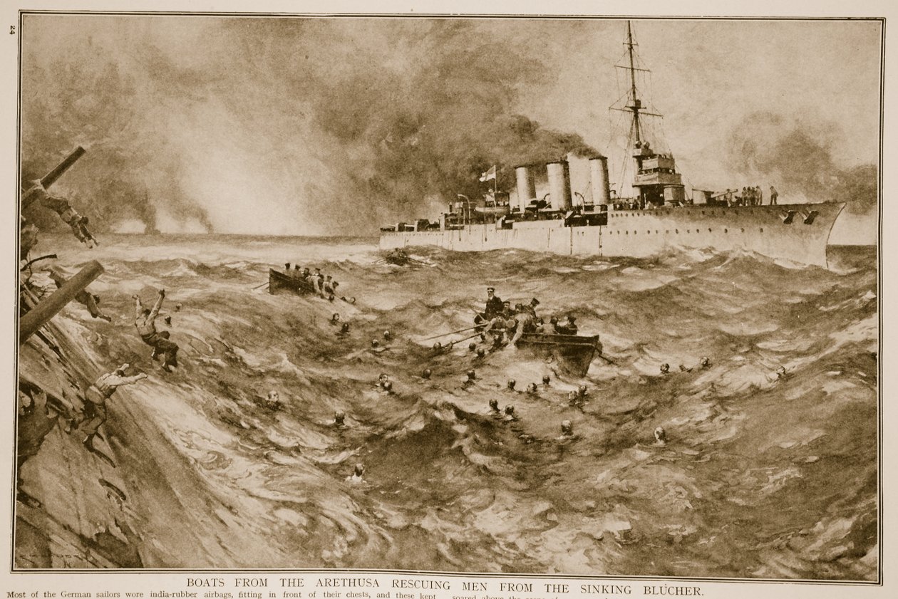 Barcos do Arethusa resgatando homens do naufrágio Blucher, 1914-19 de English School