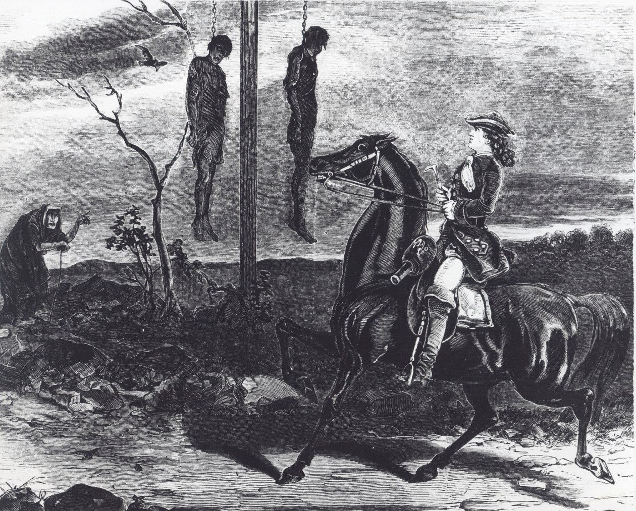 Cadáveres de bandidos de estrada executados pendurados em gibbets à beira da estrada como aviso para outros criminosos (litho) de English School
