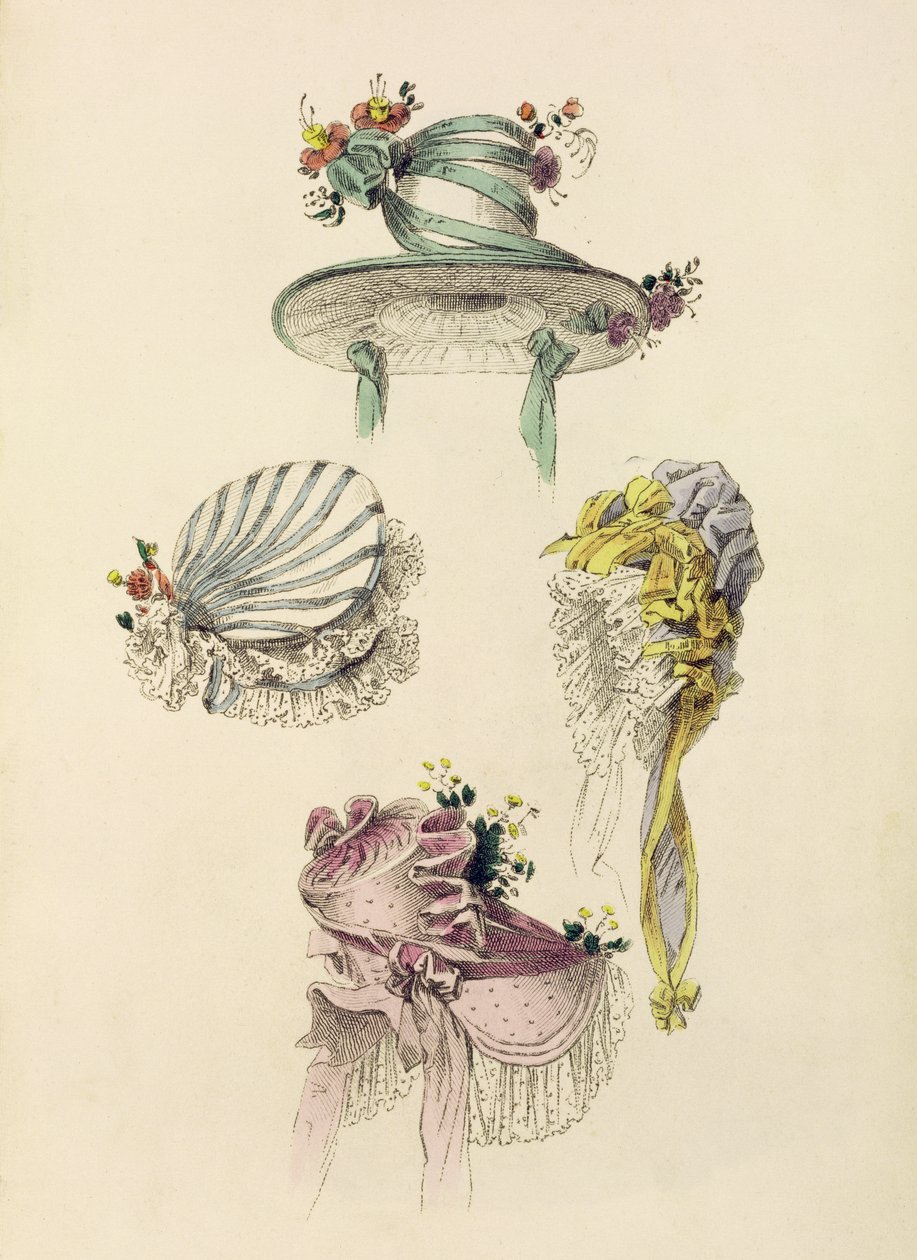 Bonés para ocasião, gravura de moda de Ackermanns Repository of Arts de English School
