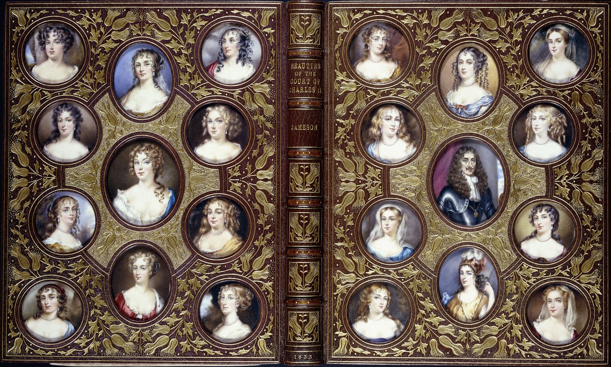 Capa do livro com vinte e duas miniaturas de retratos de Carlos II e as belas mulheres de sua corte, 1833 de English School