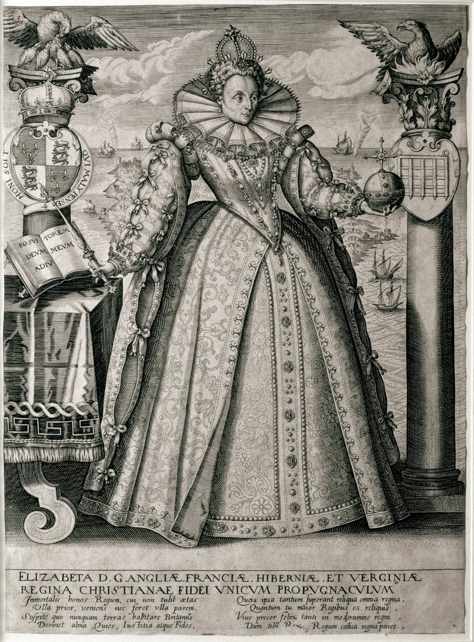 O frontispício de livros celebrando a Rainha Elizabeth é um reinado feliz e próspero, 1596 de English School