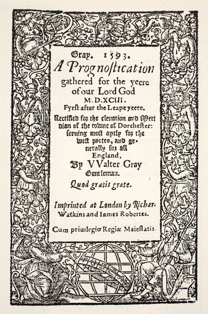 Fronteira com o globo ao pé, um prognóstico por Walter Gray, impresso por Watkins e Roberts, 1593 de English School