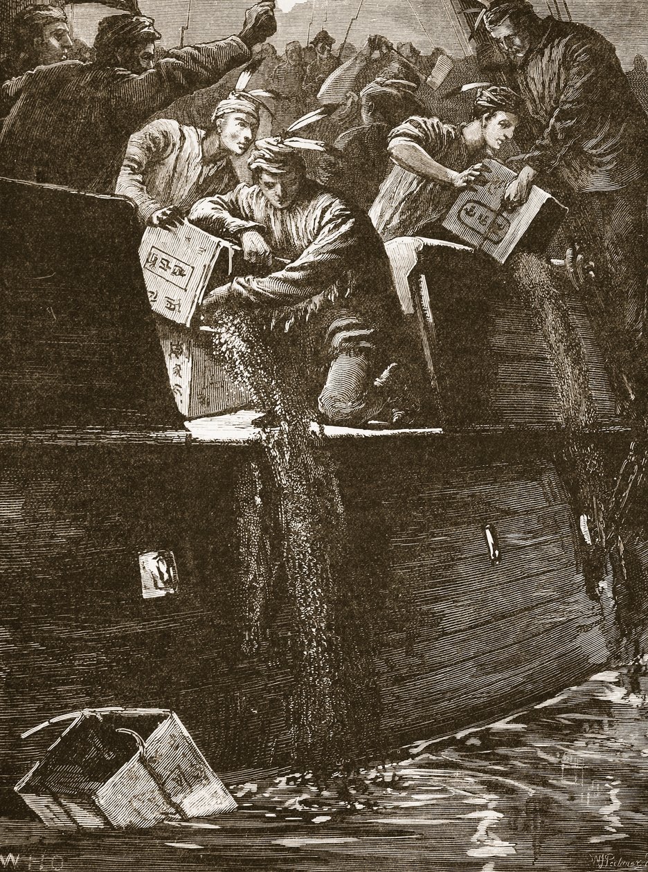 Rapazes de Boston disfarçados de índios atiram as caixas de chá para o porto, ilustração da "Cassell