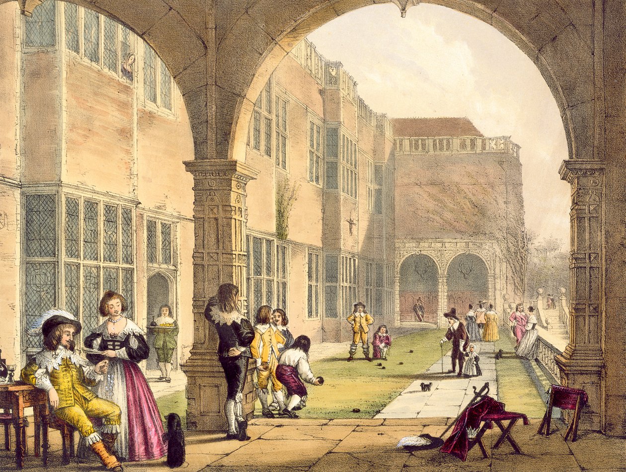 Bowls on the Terrace em Bramshill em 1600, de Arquitetura da Idade Média por Joseph Nash, publicado em 1838 de English School