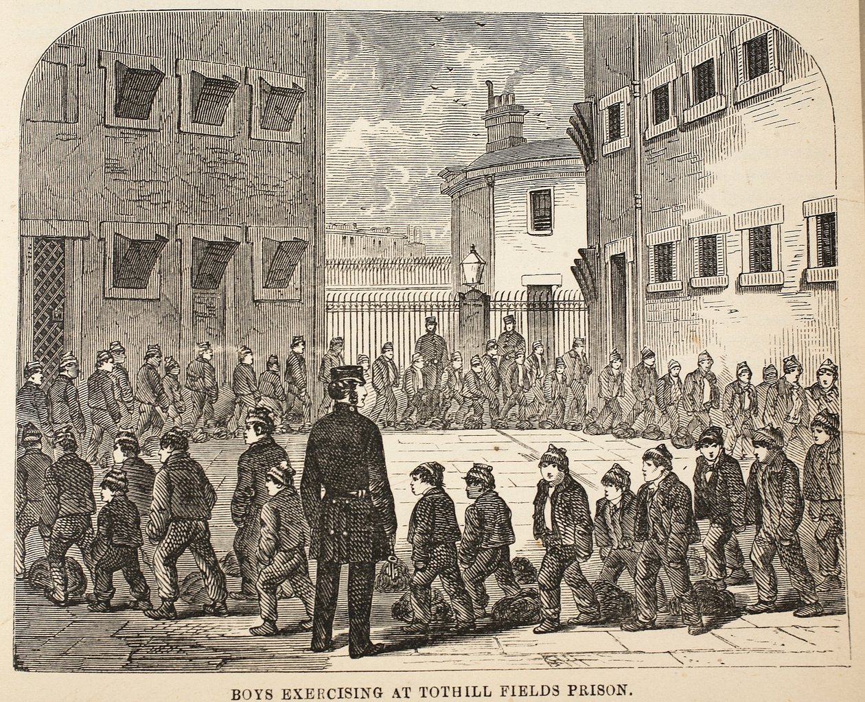Meninos que exercitam na prisão dos campos do Tothill, ilustração das prisões criminosas de Londres e cenas da vida da prisão por Henry Mayhew e por John Binny, bar. 1862 de English School