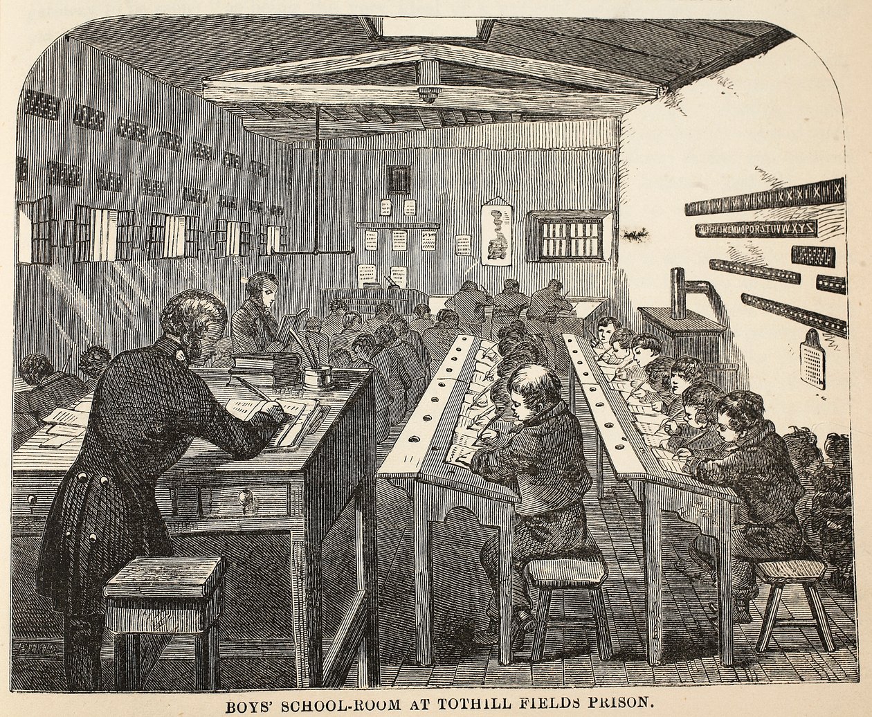 A sala de aula dos meninos na prisão dos campos de Tothill, a ilustração das prisões criminosas de Londres e as cenas da vida da prisão por Henry Mayhew e por John Binny, bar. 1862 de English School