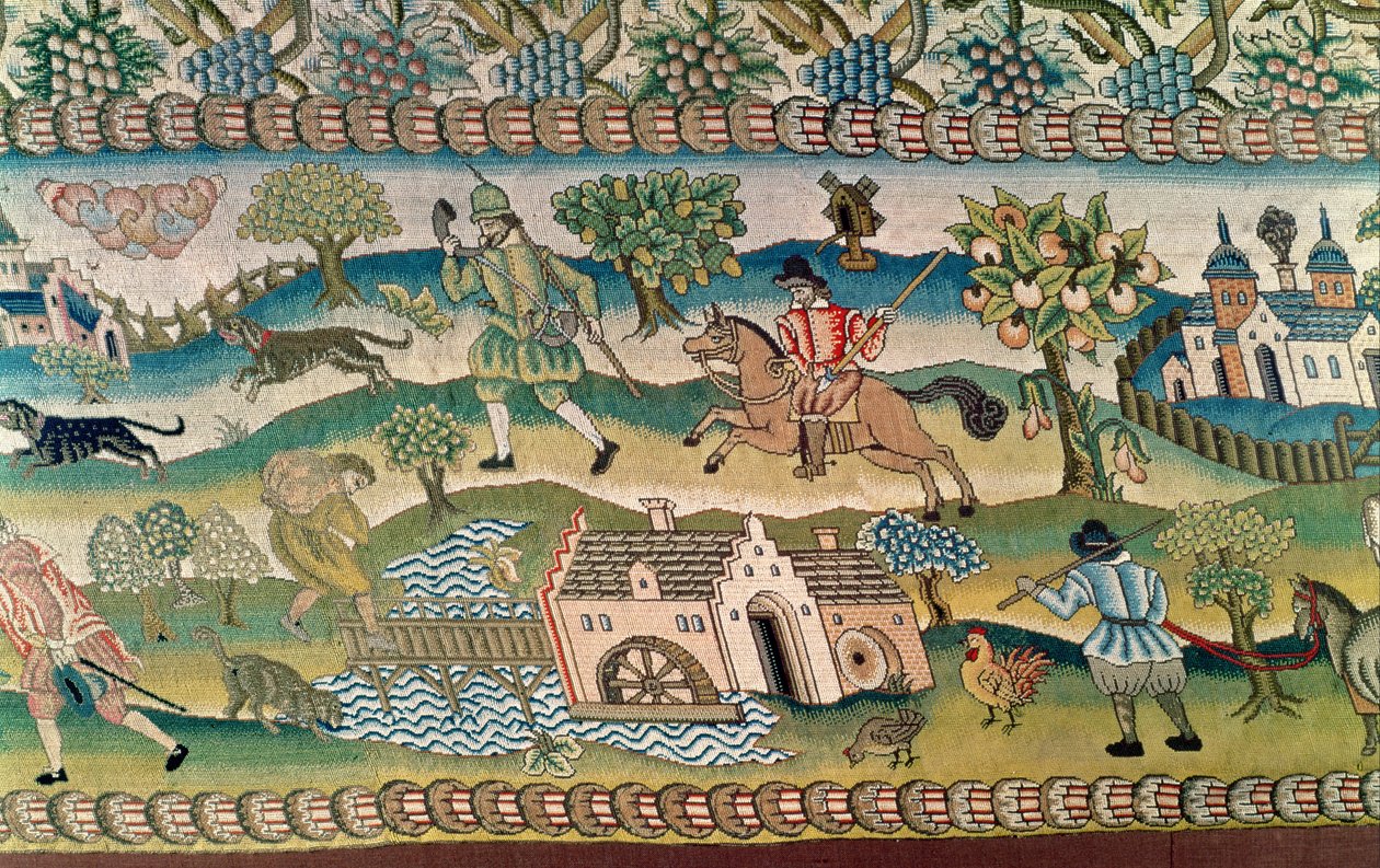 Bradford Table Carpet, detalhe das cenas da vida rural, final do século XVI de English School