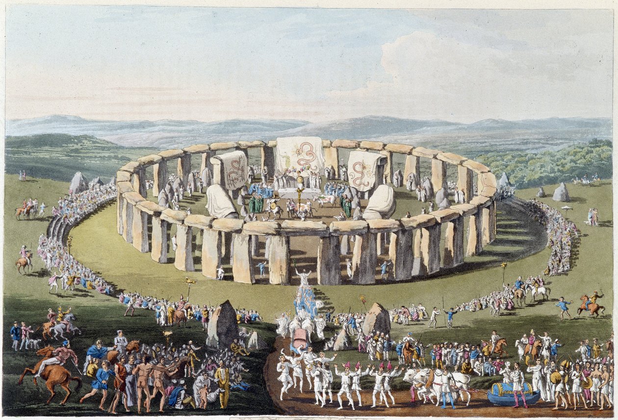 Festival bretão num campo megalítico (com dólmenes e menires) - em "Celtas e Godos, costumes dos habitantes das Ilhas Britânicas do início do século VI e das nações góticas da costa ocidental do Báltico", por S.R. Meyrick e Ch. Smith de English School