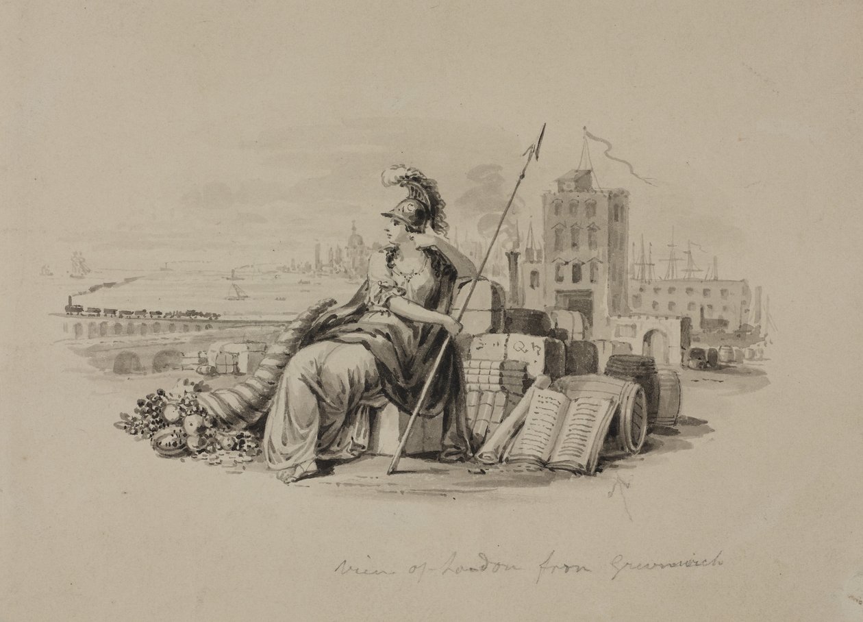 Britannia, View of London from Greenwich (caneta e tinta com lavagem em papel) de English School