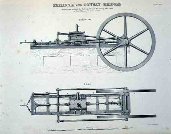 Britannia e Conway Bridges: Motor a Vapor Trabalhando as Prensas Hidráulicas para a Elevação dos Tubos, por Easton e Amos de Londres (litho) de English School