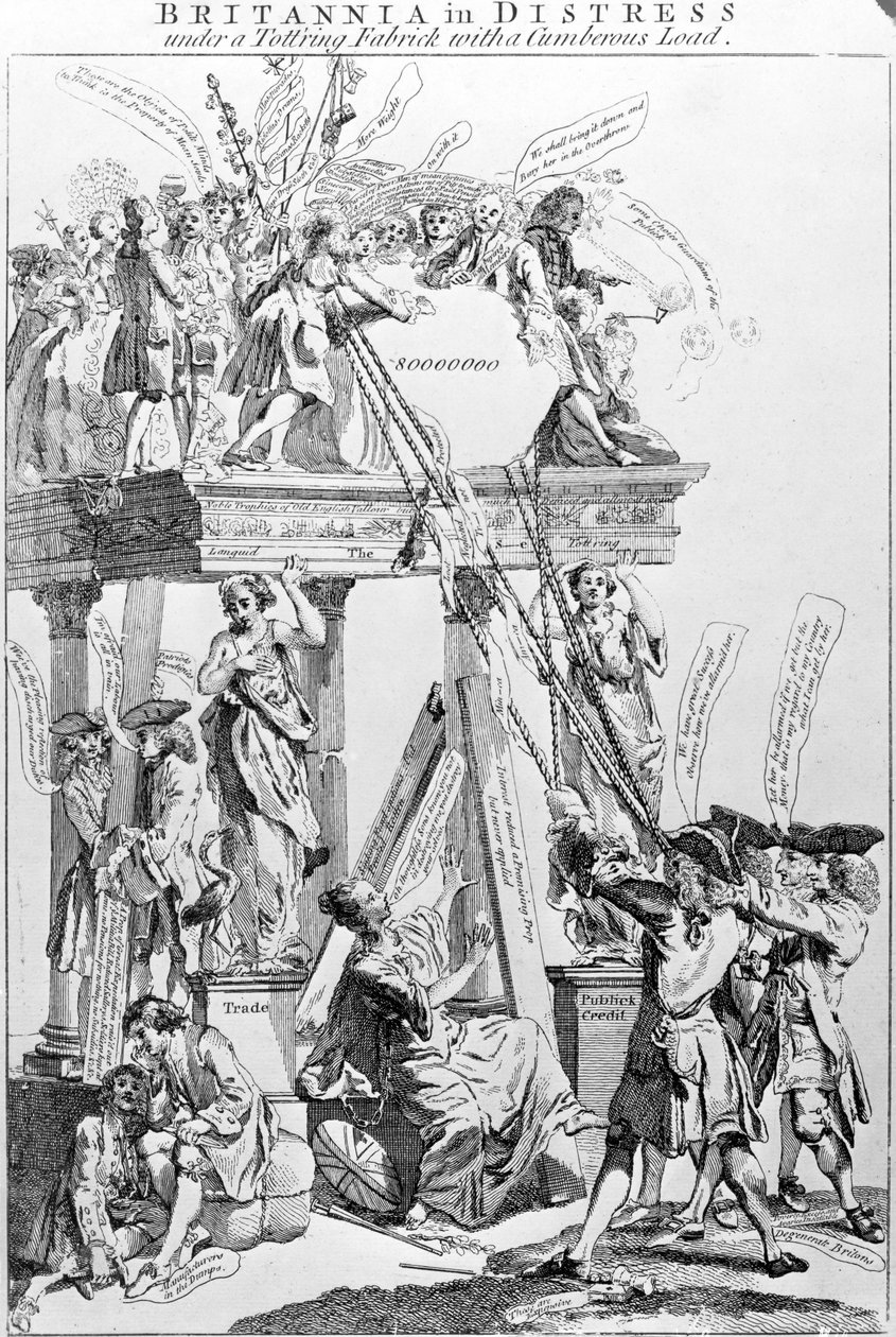 Britannia in Distress Sob um Fabrick Tottring com uma carga de cumberous, por volta de 1756 de English School