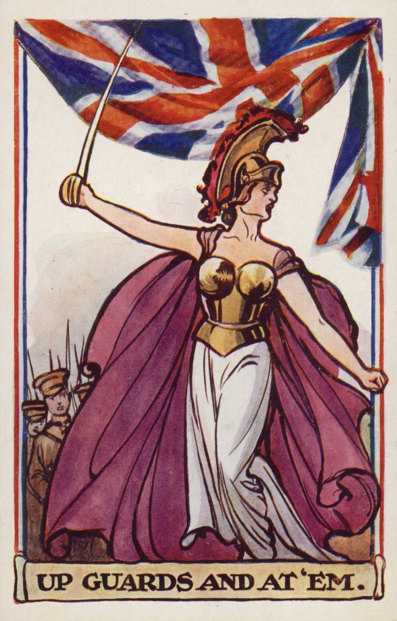 Britânia com soldados e bandeira da união (litografia a cores) de English School
