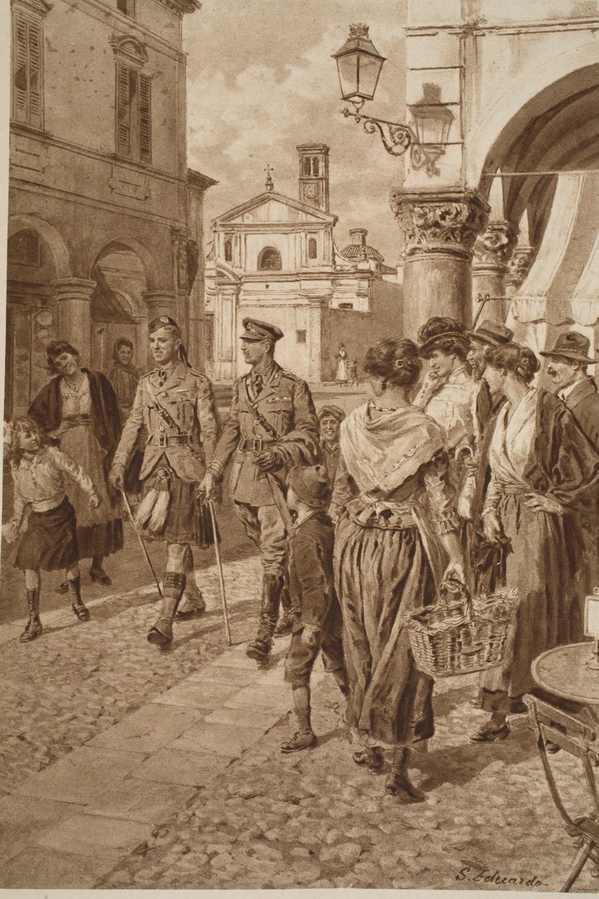 Highlanders britânicos fizeram boas-vindas em uma cidade francesa, 1914-19 de English School