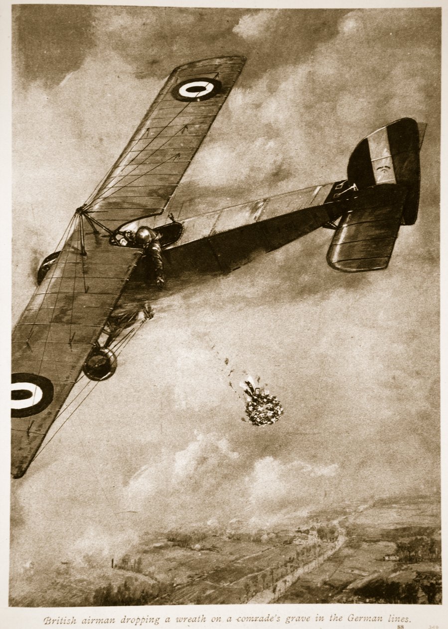 Aviador britânico soltando uma coroa de flores em um túmulo de camaradas nas linhas alemãs, 1914-19 de English School