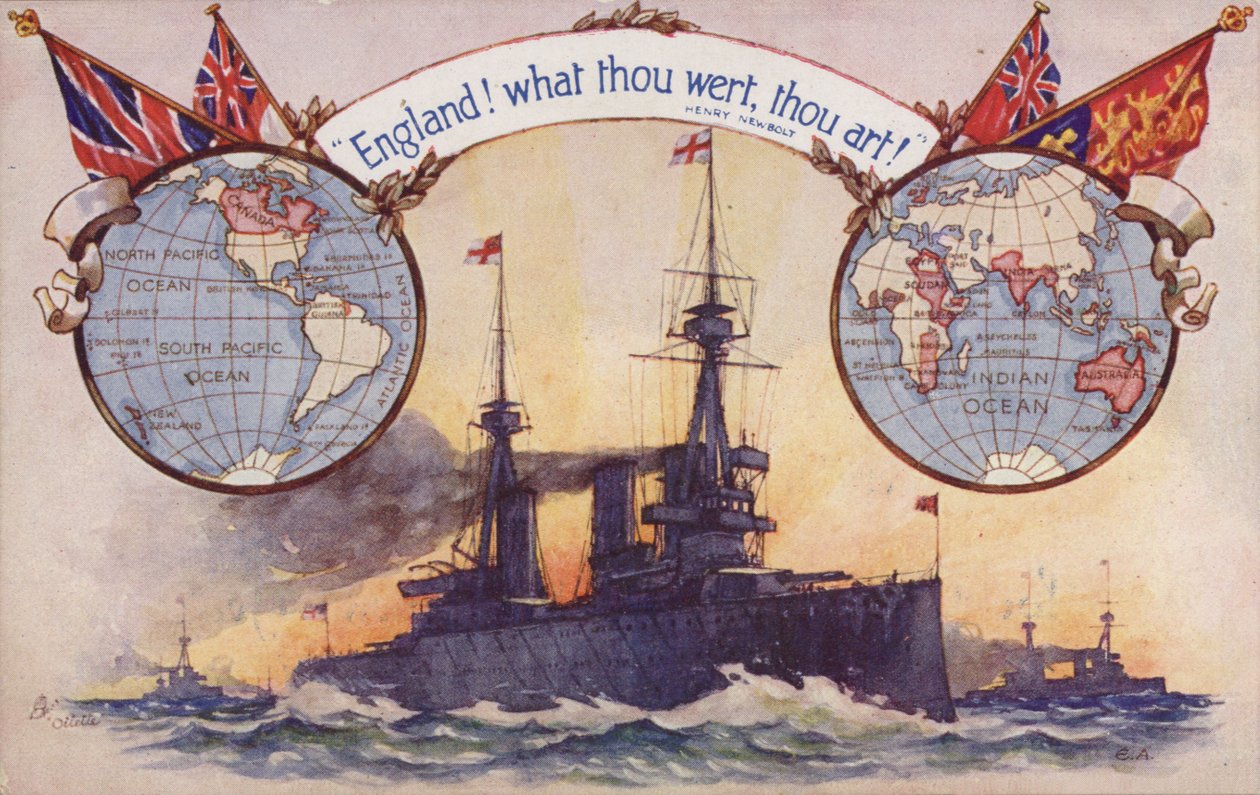 Navio de guerra britânico com mapas e bandeiras do Império Britânico (litografia a cores) de English School