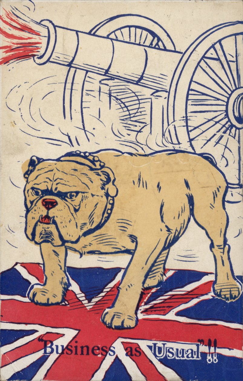 Bulldog britânico sobre a bandeira da união e com um canhão a disparar (litografia a cores) de English School