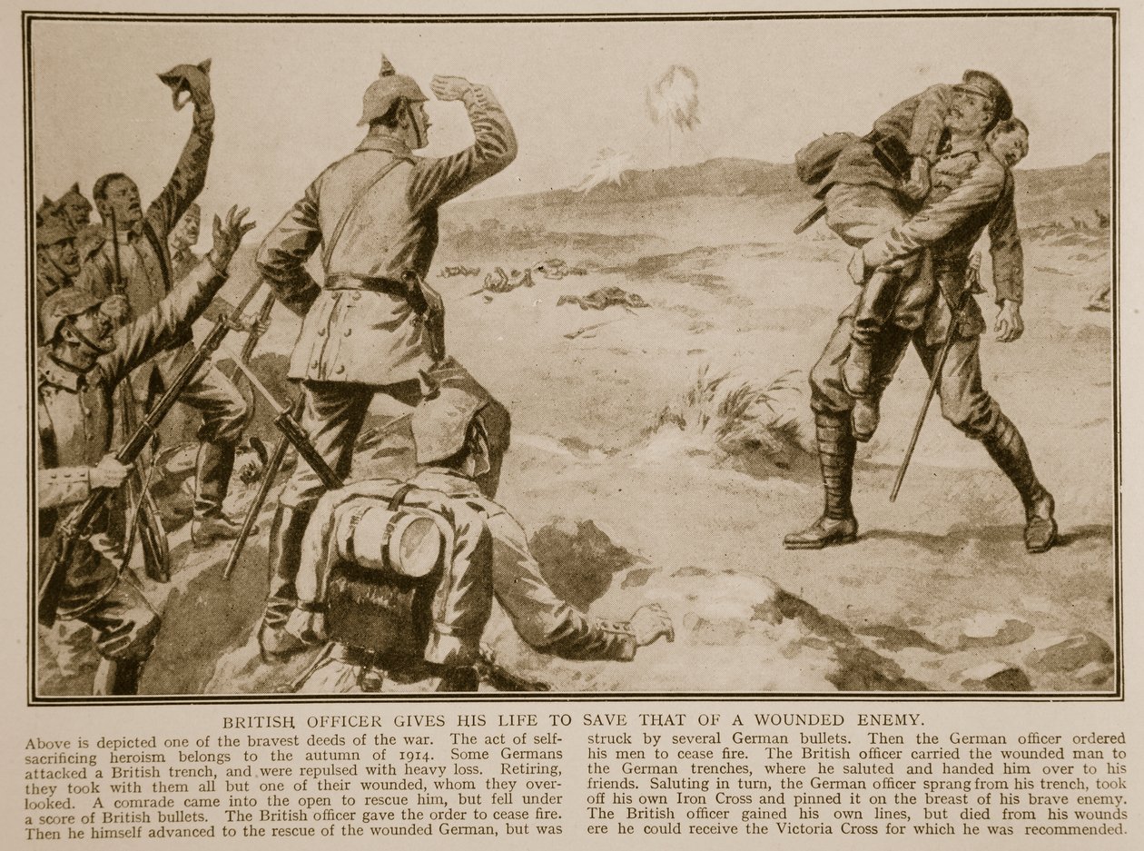 Oficial britânico dá sua vida para salvar a de um inimigo ferido, 1914-19 de English School