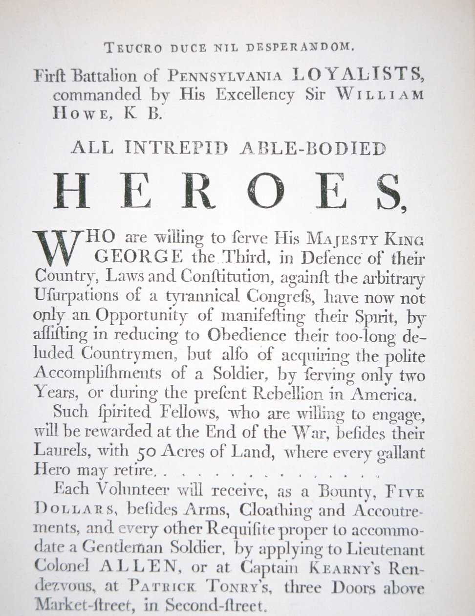 Cartaz de recrutamento britânico para o Primeiro Batalhão de Lealistas da Pensilvânia, durante a Guerra Revolucionária Americana (gravura) de English School