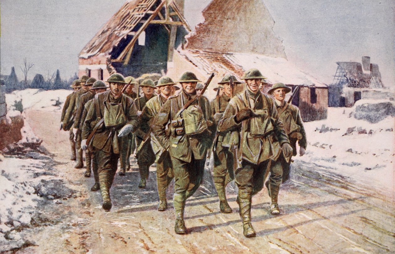 Tropas britânicas em marcha em condições de inverno, 1914-19 de English School