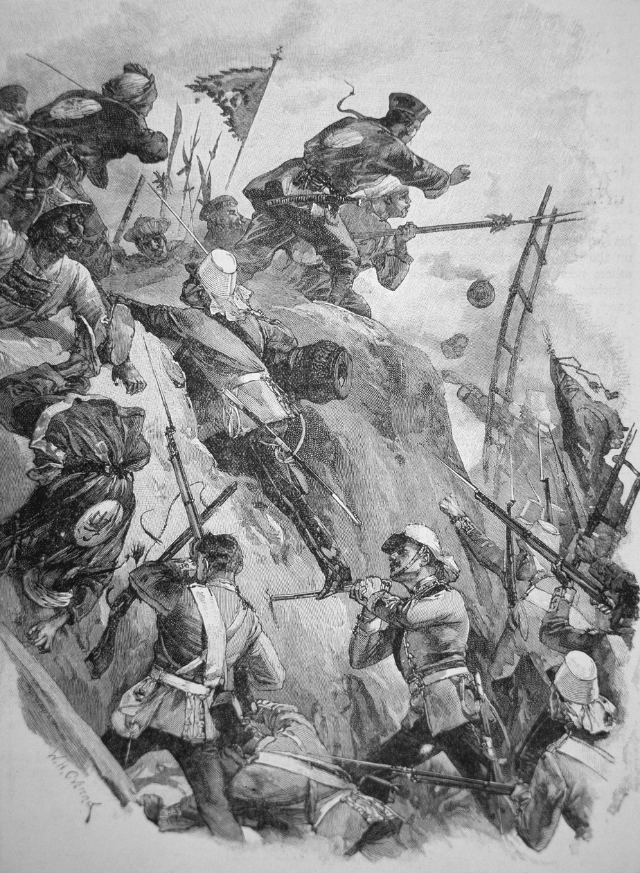 Tropas britânicas invadem os Fortes Taku na China em 1860 durante a Guerra do Ópio (litho) de English School