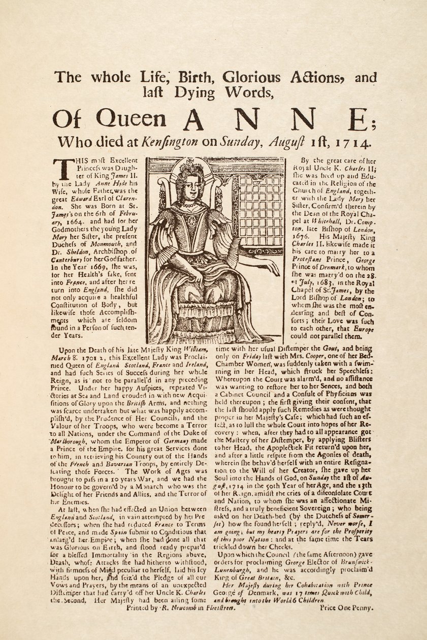 Broadside publicado na morte da Rainha Ana, no domingo 1 de Agosto de 1714 (impressão e xilogravura) de English School