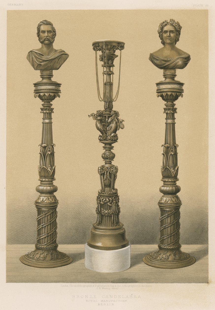 Candelabro de bronze, Manufatura Real, Berlim (cromolitografia) de English School