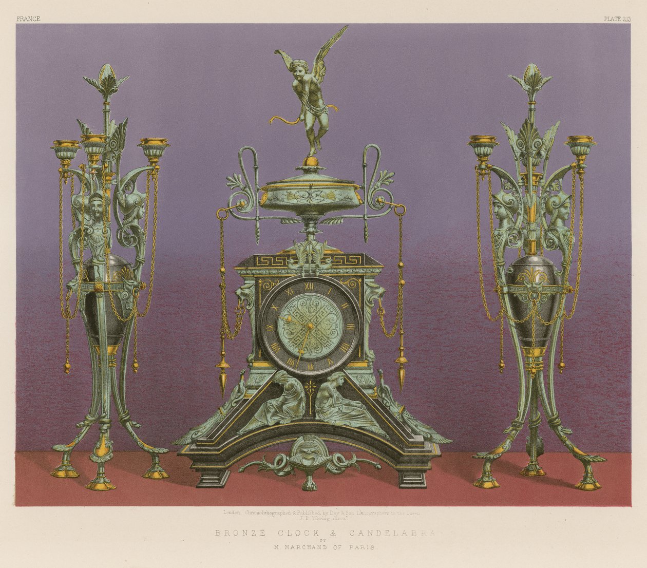Relógio e candelabro em bronze de M Marchand de Paris (cromolitho) de English School