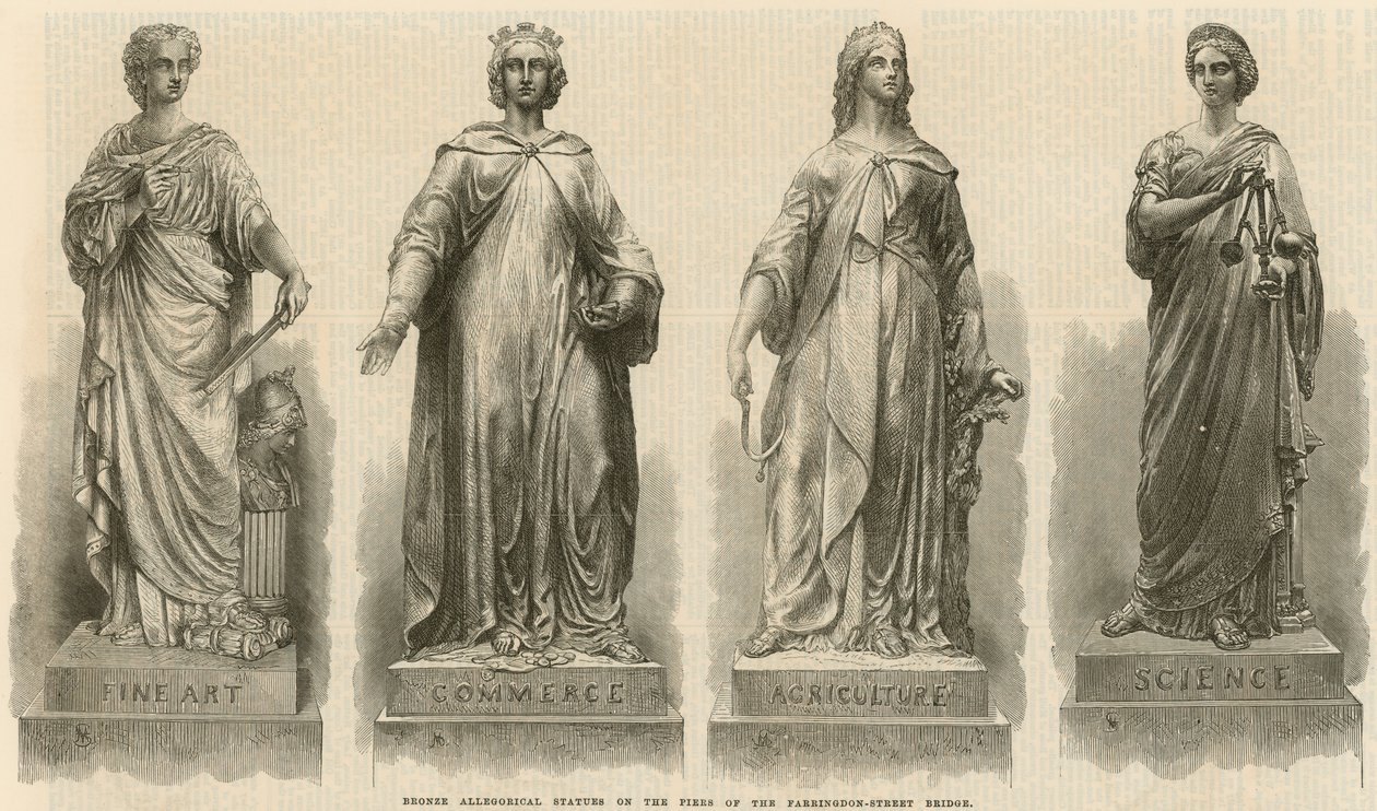 Estátuas alegóricas de bronze nos pilares da ponte de Farringdon Street (gravura) de English School