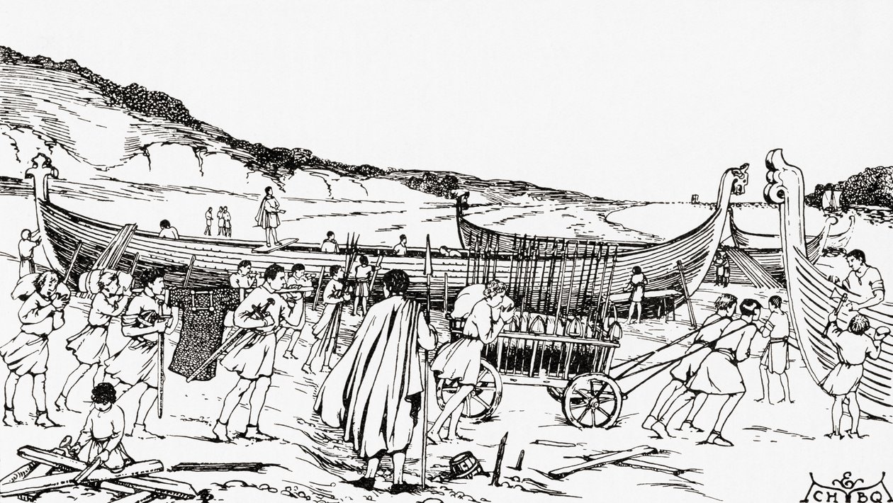 Construção dos navios para a invasão normanda de Inglaterra por Guilherme, o Conquistador de English School