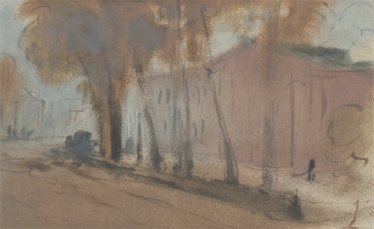 Prédio com Árvores (Estudo para Chelsea Embankment), anteriormente atribuído a JMW Turner (1775-1851) e também atribuído a Peter de Wint (1784-1849), 1825-27 (óleo sobre papel) de English School