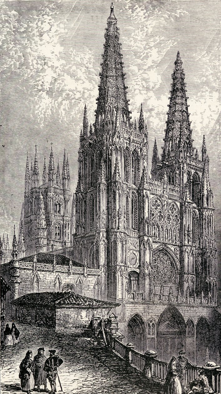 Catedral de Burgos, Burgos, Espanha, de &39;Espanha: um resumo da história espanhola da conquista moura à queda de Granada, 711-1492&39;, de Henry Edward Watts, publicada em 1893 de English School