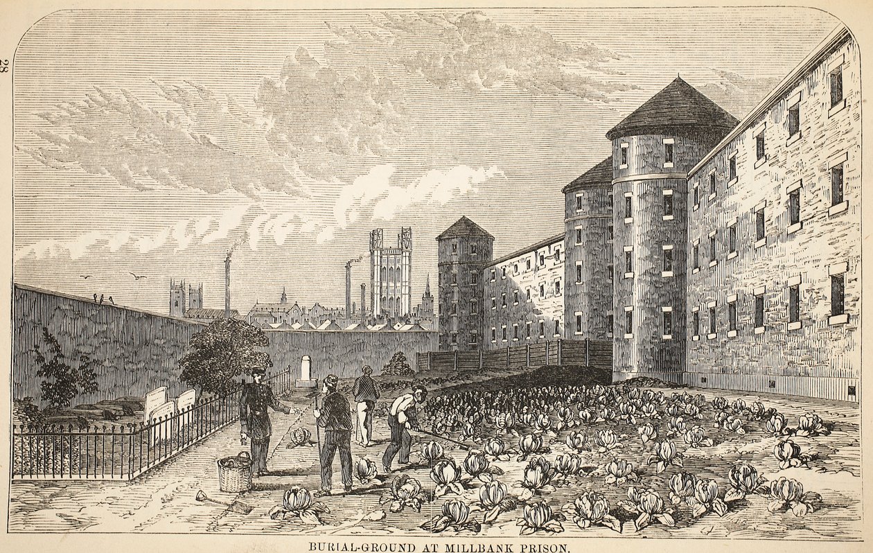 Enterro-terra na prisão de Millbank, ilustração das prisões criminosas de Londres e cenas da vida da prisão por Henry Mayhew e por John Binny, bar. 1862 de English School