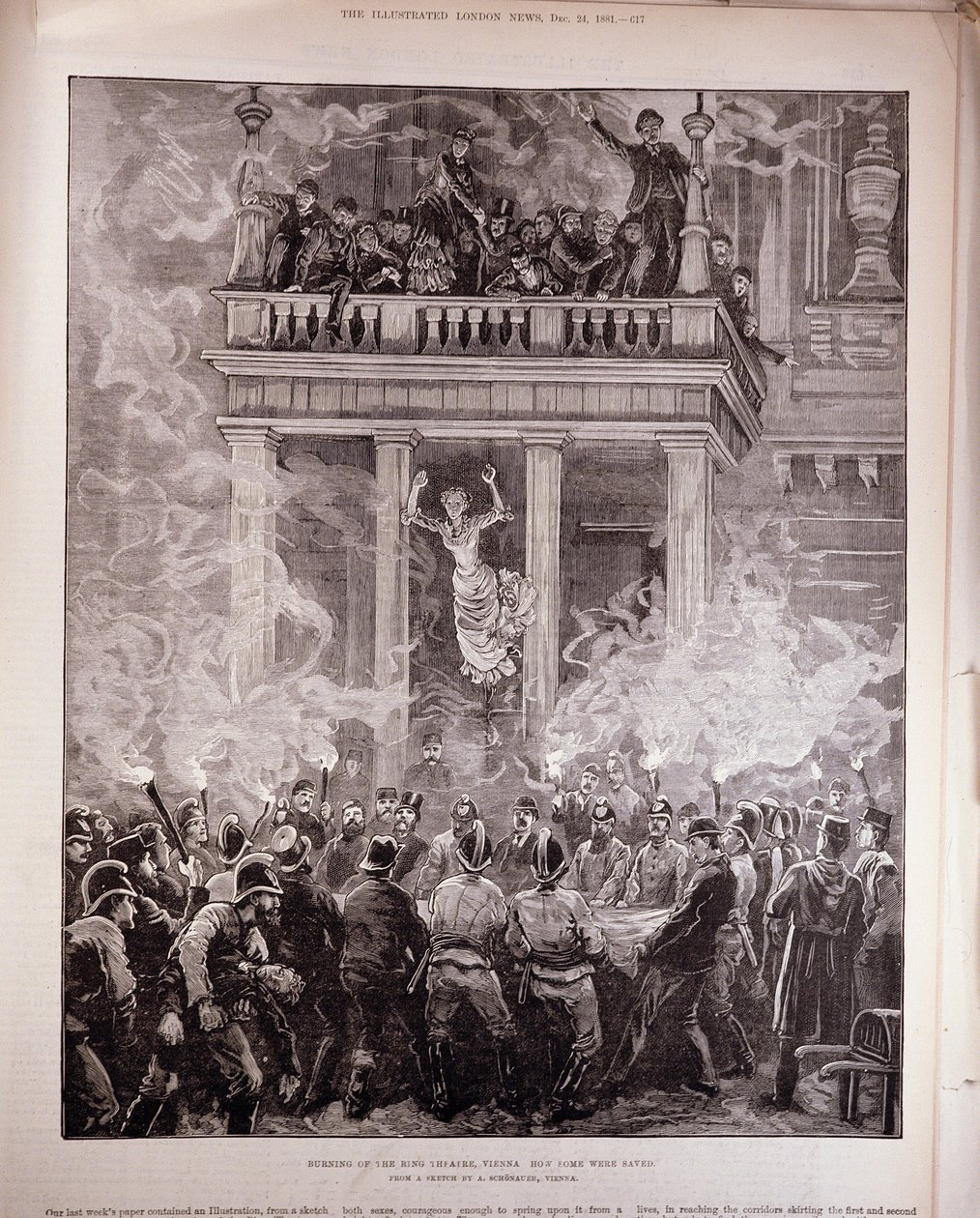 Queima do Ring Theater, Viena: Como alguns foram salvos, de "The Illustrated London News", 24 de dezembro de 1881 (gravura) de English School